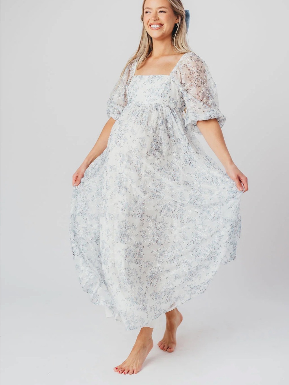 Smocked Square-Neck Floral Maxi Dress - White/Light Blue